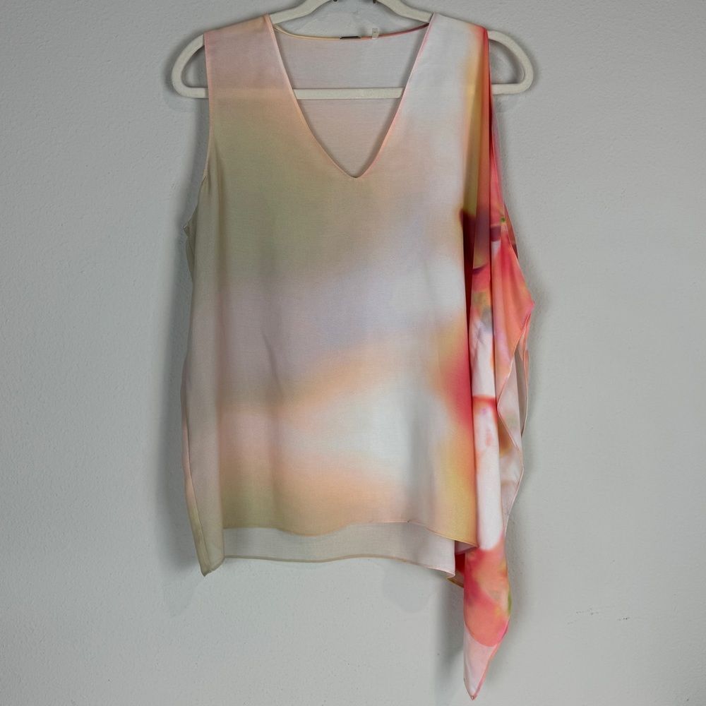 Elie Tahari Adair Watercolor Aymmetrical Floral One Sleeve Blouse L